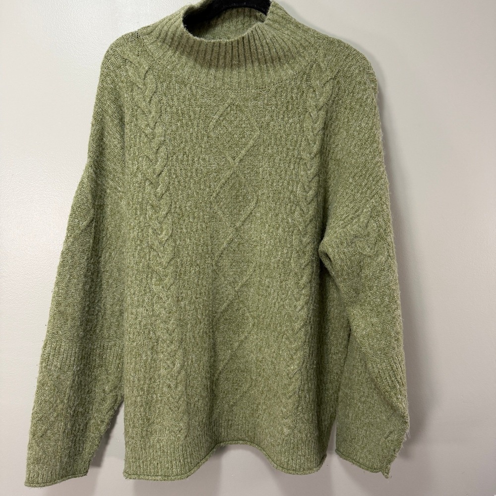 Universal Thread Womens L Green Cable Knit Mock Neck Pullover Sweater Heathered